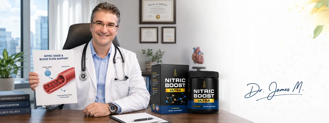 Doctor presenting Nitric Boost Ultra™ — natural nitric oxide booster supplement for blood flow and harder erections